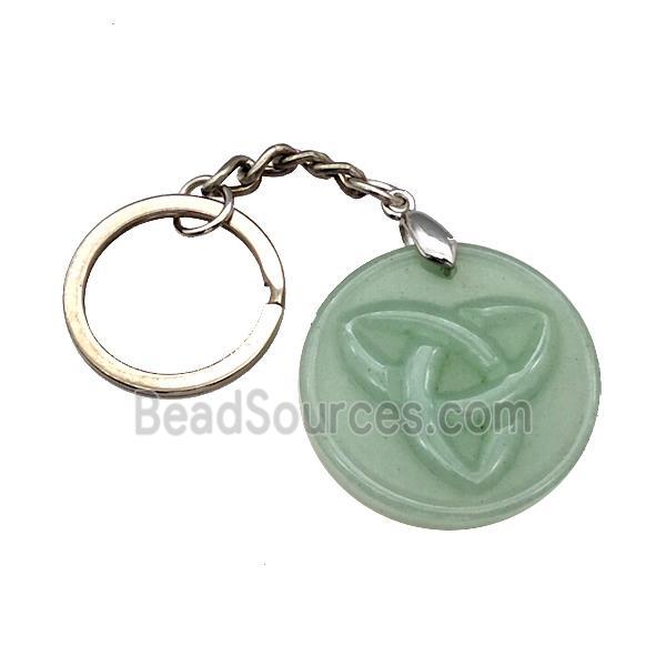 Green Aventurine Trinity Keychain Circle Alloy Platinum Plated