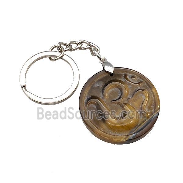 Tiger Eye Stone Hinduism Keychain OM Circle Alloy Platinum Plated