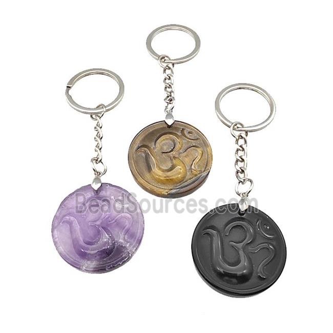 Natural Gemstone Hinduism Keychain OM Circle Alloy Platinum Plated Mixed