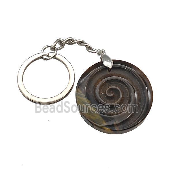 Tiger Eye Stone Spiral Keychain Circle Alloy Platinum Plated