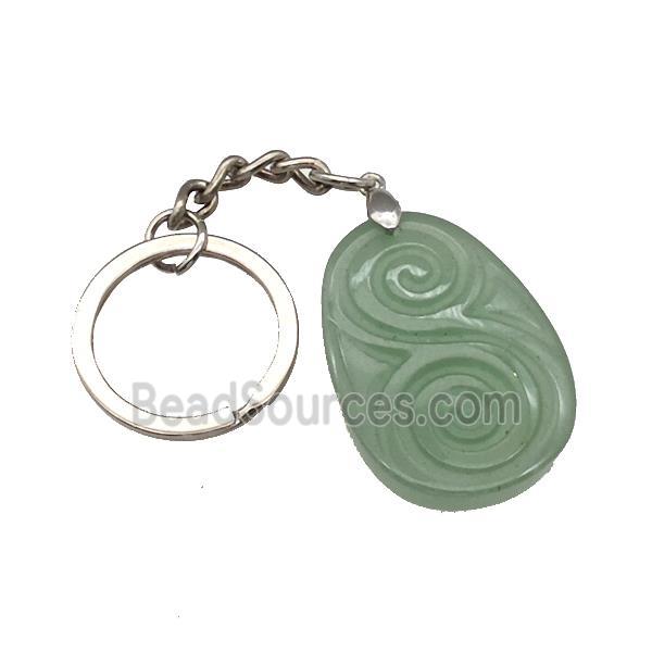 Green Aventurine Spiral Keychain Flat Teardrop Alloy Platinum Plated