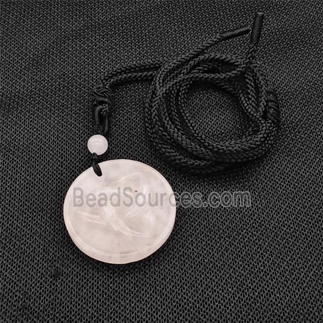 Natural Pink Rose Quartz Trinity Necklace Circle Black Nylon Rope