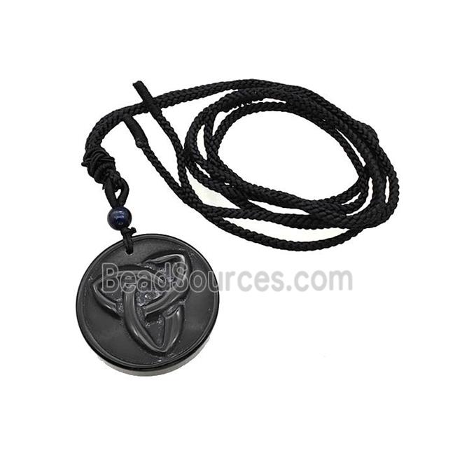 Natural Black Obsidian Trinity Necklace Circle Black Nylon Rope