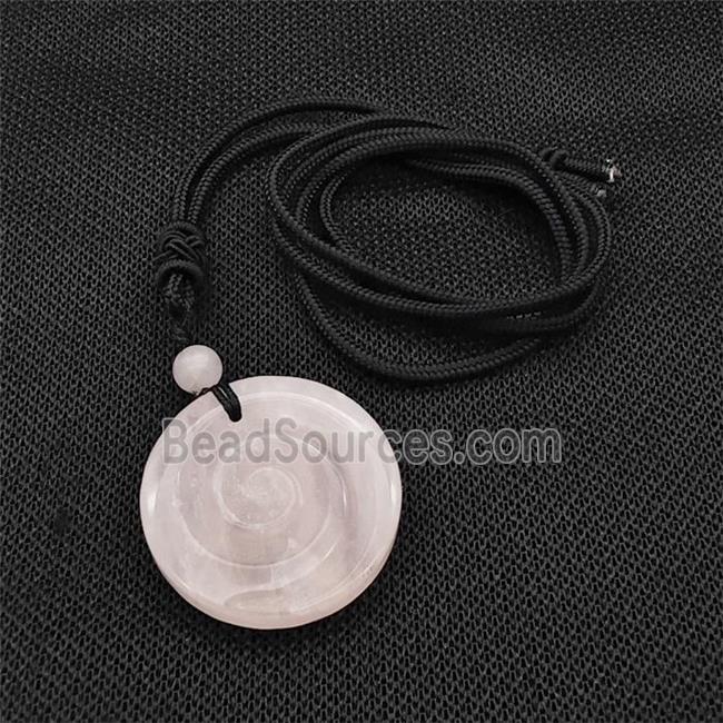 Natural Pink Rose Quartz Spiral Necklace Circle Black Nylon Rope