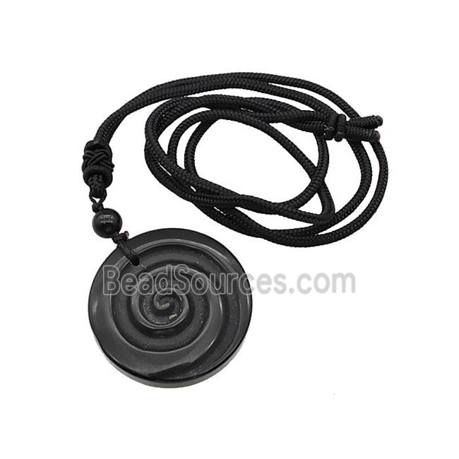 Natural Black Obsidian Spiral Necklace Circle Black Nylon Rope