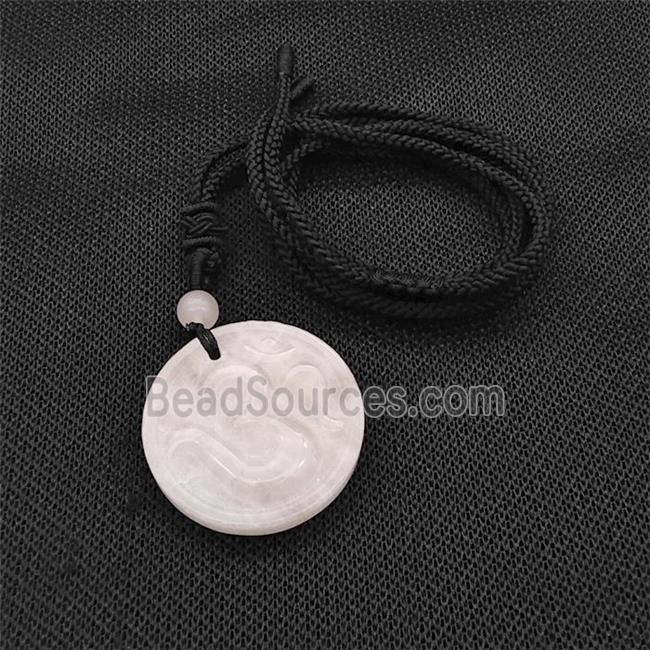 Natural Pink Rose Quartz Hinduism Necklace Circle Black Nylon Rope