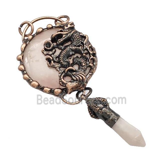 Pink Rose Quartz Circle Pendant Dragon Antique Red