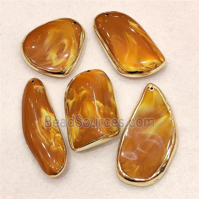 Synthetic Amber Pendant Mixed Shape Resin Gold Plated