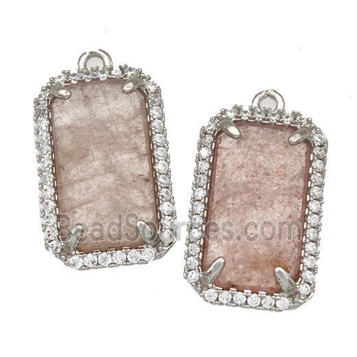 Pink Strawberry Quartz Rectangle Pendant Copper Pave Zircon Platinum Plated