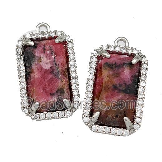 Red Rhodonite Rectangle Pendant Copper Pave Zircon Platinum Plated