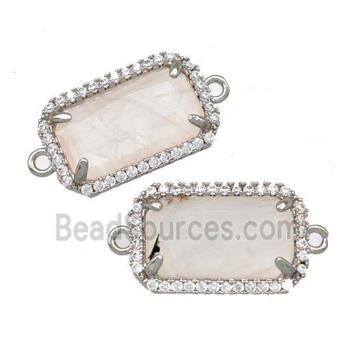 Natural Rose Quartz Rectangle Connector Copper Pave Zircon Platinum Plated