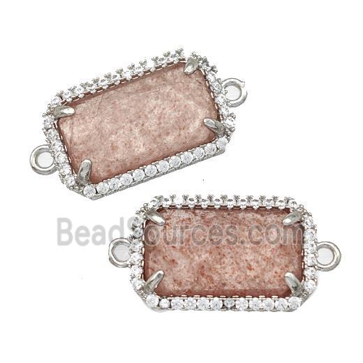 Pink Strawberry Quartz Rectangle Connector Copper Pave Zircon Platinum Plated