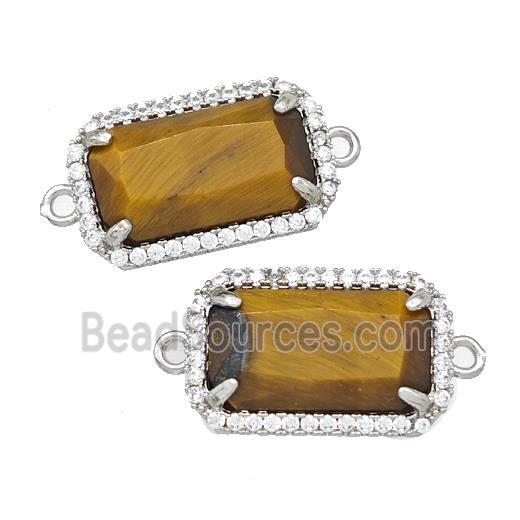 Natural Tiger Eye Stone Rectangle Connector Copper Pave Zircon Platinum Plated