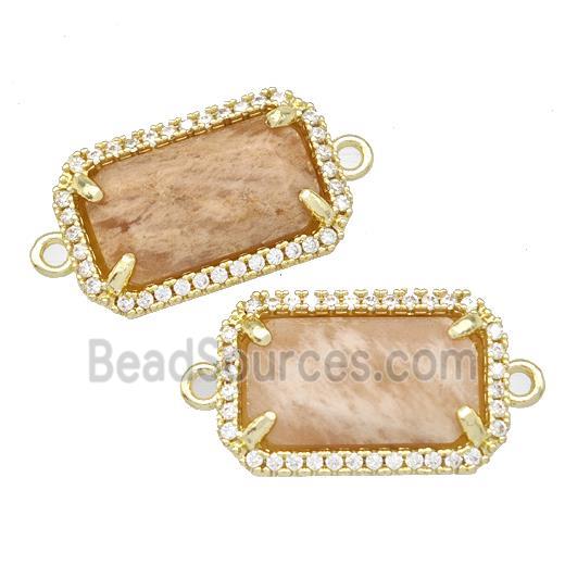 Natural Peach Sunstone Rectangle Connector Copper Pave Zircon Gold Plated