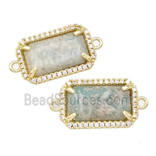 Green Amazonite Rectangle Connector Copper Pave Zircon Gold Plated