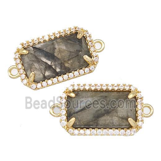 Natural Labradorite Rectangle Connector Copper Pave Zircon Gold Plated