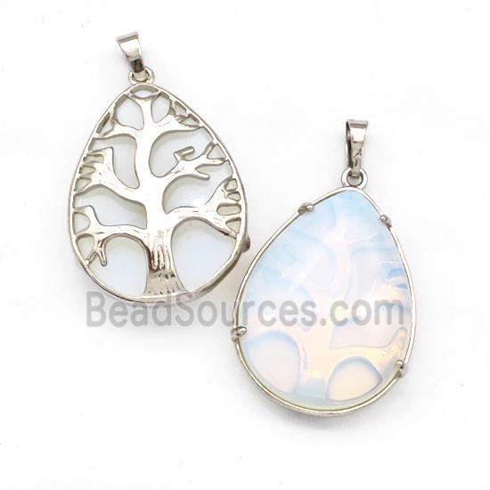 White Opalite Teardrop Pendant Tree Platinum Plated