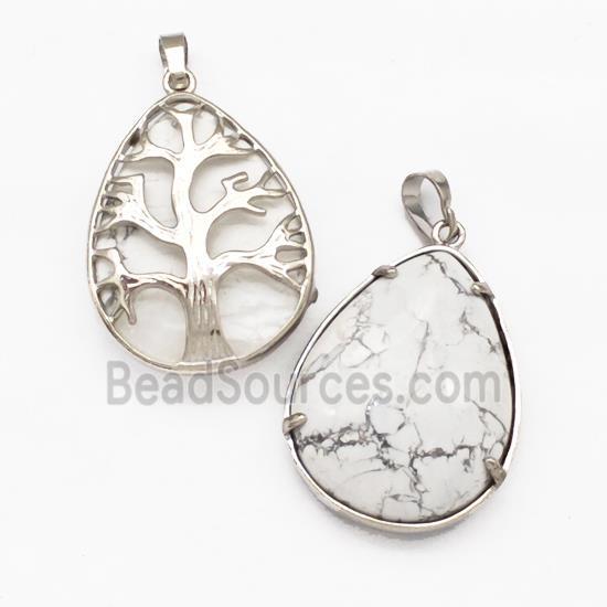 Natural White Howlite Turquoise Teardrop Pendant Tree Platinum Plated