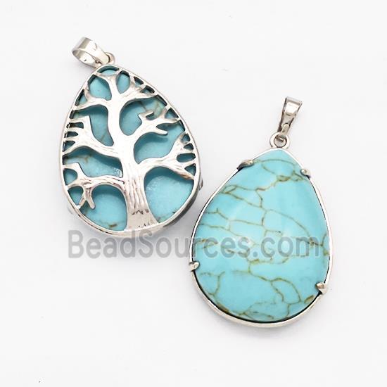 Blue Synthetic Turquoise Teardrop Pendant Tree Platinum Plated