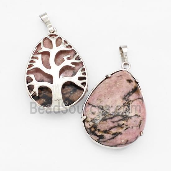 Natural Chinese Rhodonite Teardrop Pendant Tree Platinum Plated