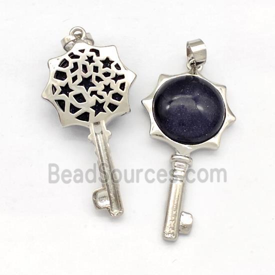 Alloy Key Charms Pendant Pave Blue Sandstone Platinum Plated