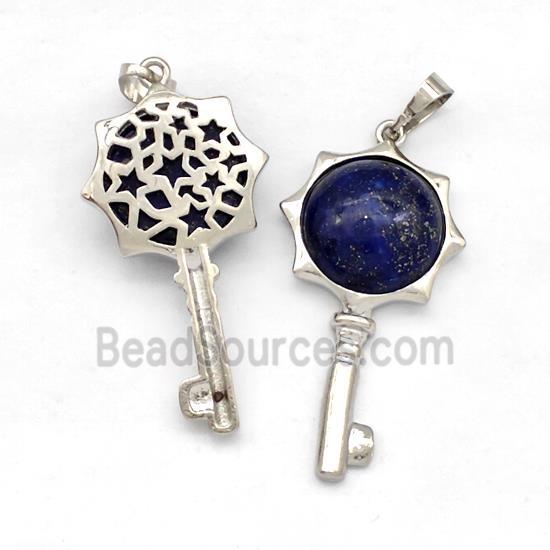 Alloy Key Charms Pendant Pave Blue Lapis Platinum Plated