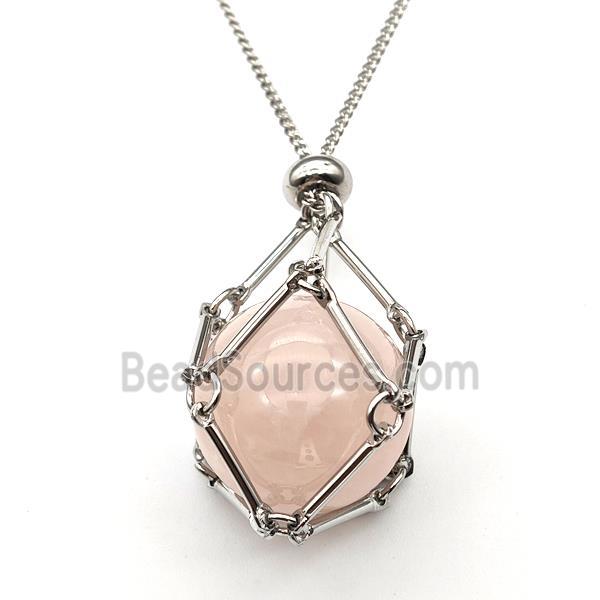 Natural Pink Rose Quartz Necklace Platinum Plated