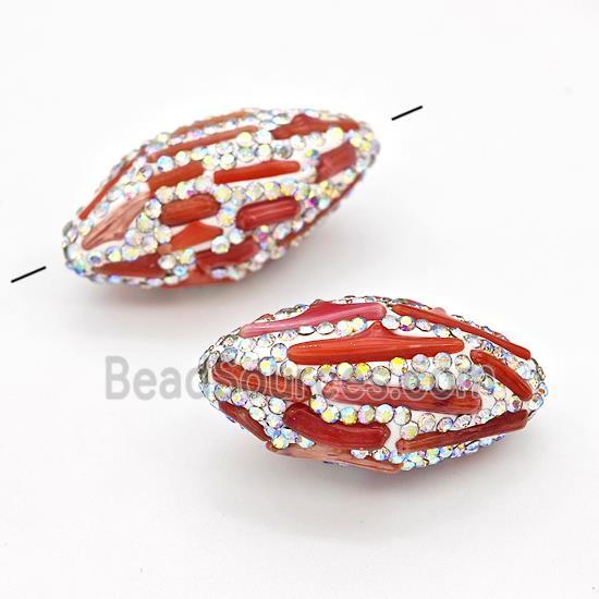 Clay Rice Beads Pave White Rhinestone Red Coral