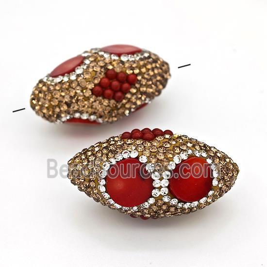 Clay Rice Beads Pave Yellow Rhinestone Red Coral