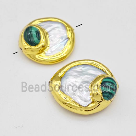 White Pearl Coin Beads With Synthetic Malachite Gold Plated