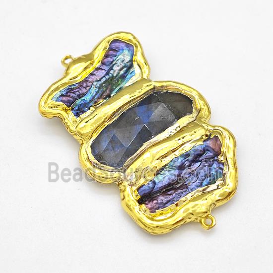 Natural Labradorite And Abalone Shell Connector Stick Gold Plated