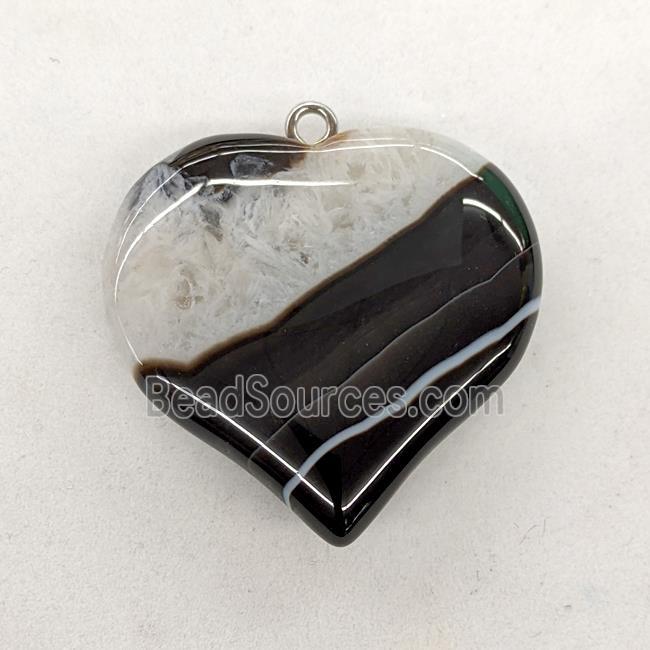 Natural Druzy Agate Heart Pendant Black White