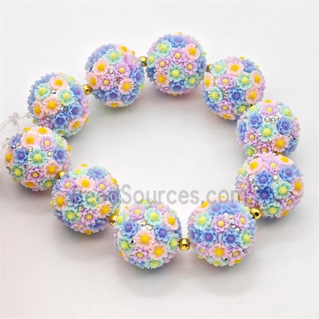 Resin Round Beads Pave Rhinestone Flower Multicolor