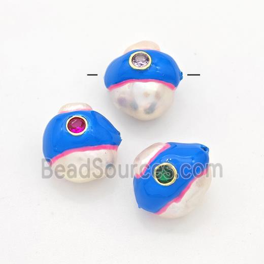 Natural White Pearl Potato Beads Pave Zirconia Blue Enamel