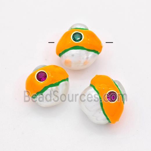 Natural White Pearl Potato Beads Pave Zirconia Orange Enamel