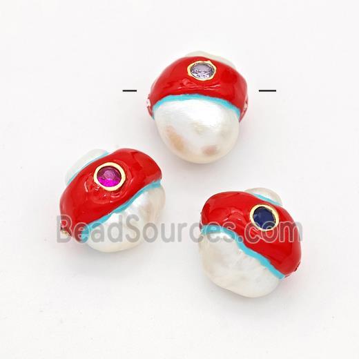 Natural White Pearl Potato Beads Pave Zirconia Red Enamel