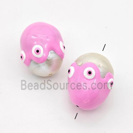 White Pearl Potato Beads Pink Enamel Evil Eye