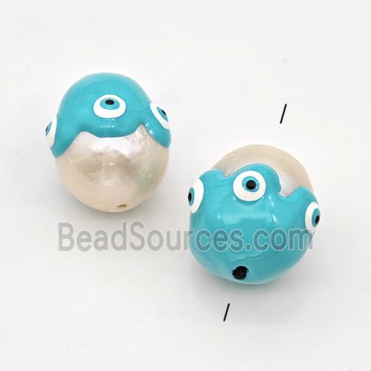 White Pearl Potato Beads Teal Enamel Evil Eye