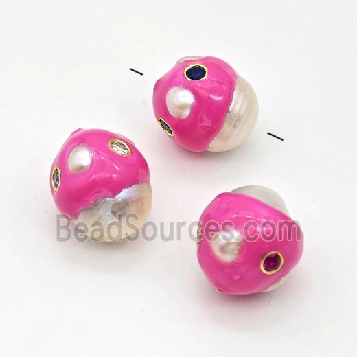 White Pearl Potato Beads Pave Zirconia Pink Enamel