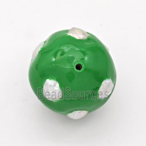 Clay Round Beads Pave Pearl Green Enamel