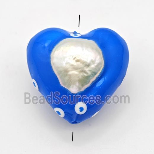 Clay Heart Beads Pave Pearl Blue Enamel