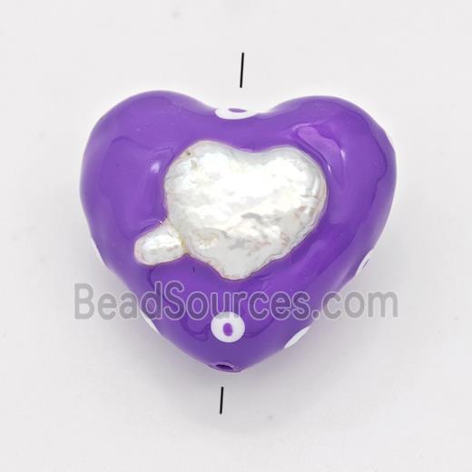 Clay Heart Beads Pave Pearl Purple Enamel