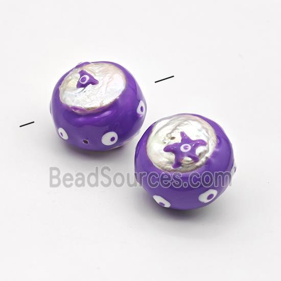 Baroque Style Pearl Coin Beads Purple Enamel Evil Eye