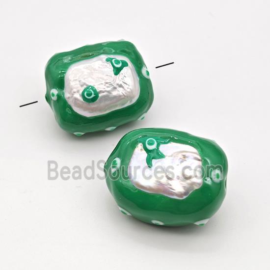 Baroque Style Pearl Rectangle Beads Green Enamel Evil Eye