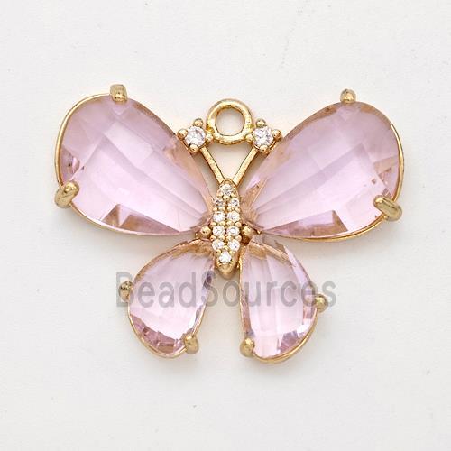 Pink Crystal Glass Copper Butterfly Pendant Pave Zirconia Gold Plated