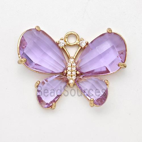 Purple Crystal Glass Copper Butterfly Pendant Pave Zirconia Gold Plated