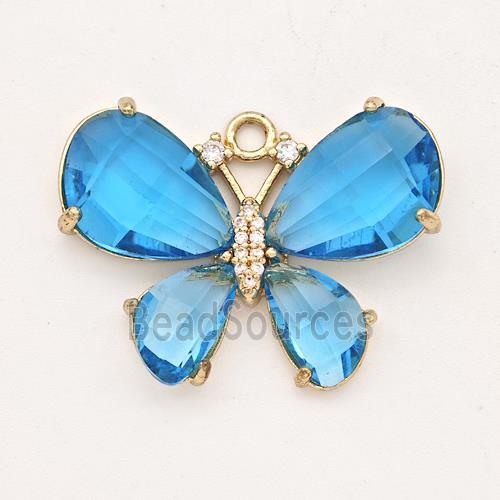 Aqua Crystal Glass Copper Butterfly Pendant Pave Zirconia Gold Plated