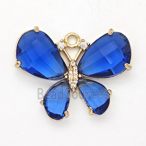 Blue Crystal Glass Copper Butterfly Pendant Pave Zirconia Gold Plated