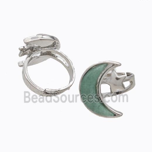 Copper Moon Rings Pave Green Aventurine Adjustable Platinum Plated