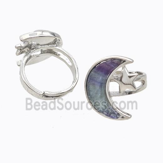 Copper Moon Rings Pave Fluorite Adjustable Platinum Plated